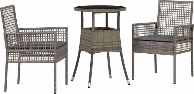 Set da pranzo da giardino moderno in polyrattan grigio con tavolo rotondo in vetro, 3 pezzi