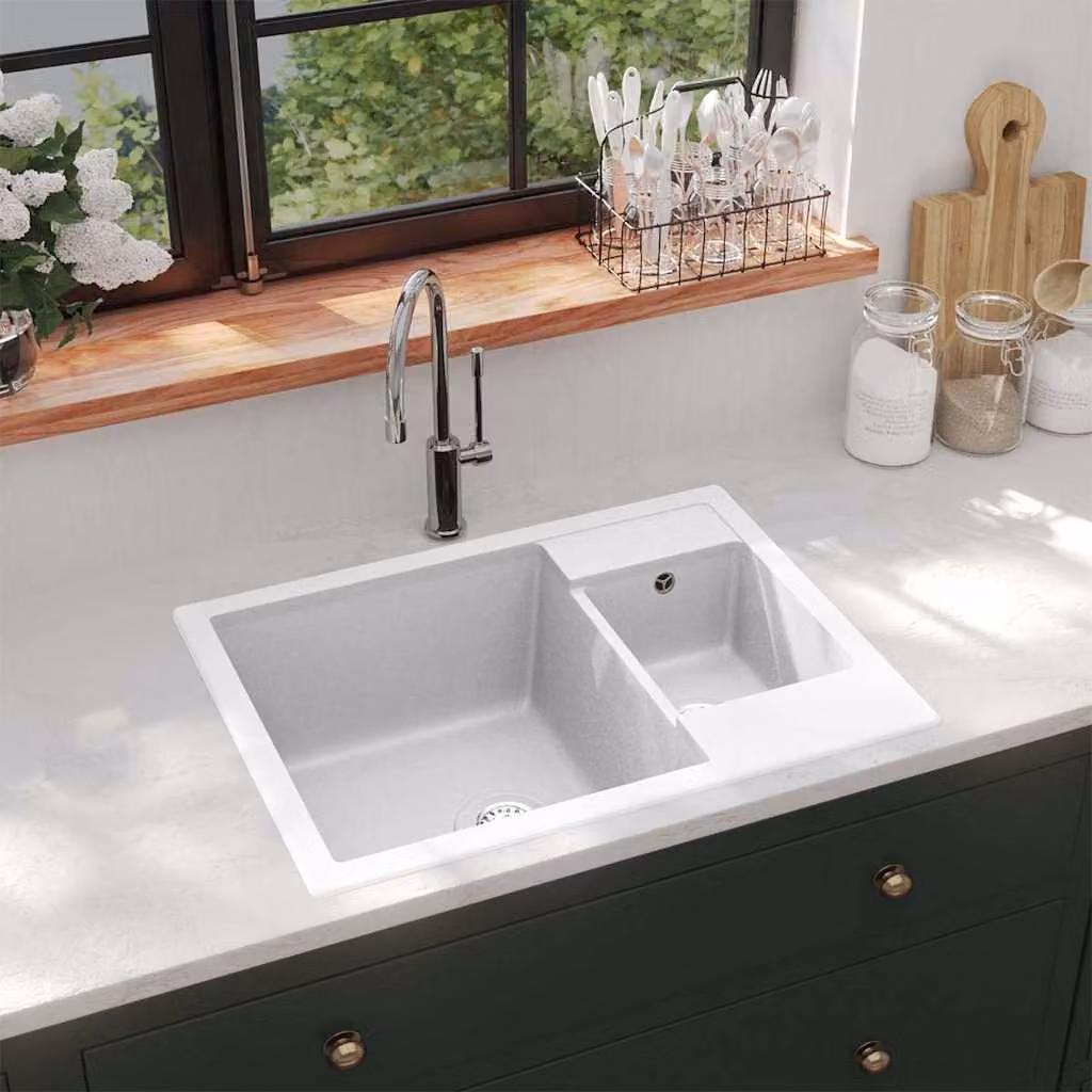 Lavello da Cucina Doppio con Foro Troppopieno vidaXL in Granito Bianco L/P/H: 58 x 44 x 42,1 cm