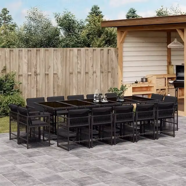 Set da pranzo da giardino vidaXL in polyrattan nero con cuscini e tavolo in vetro, 15 pezzi – 1