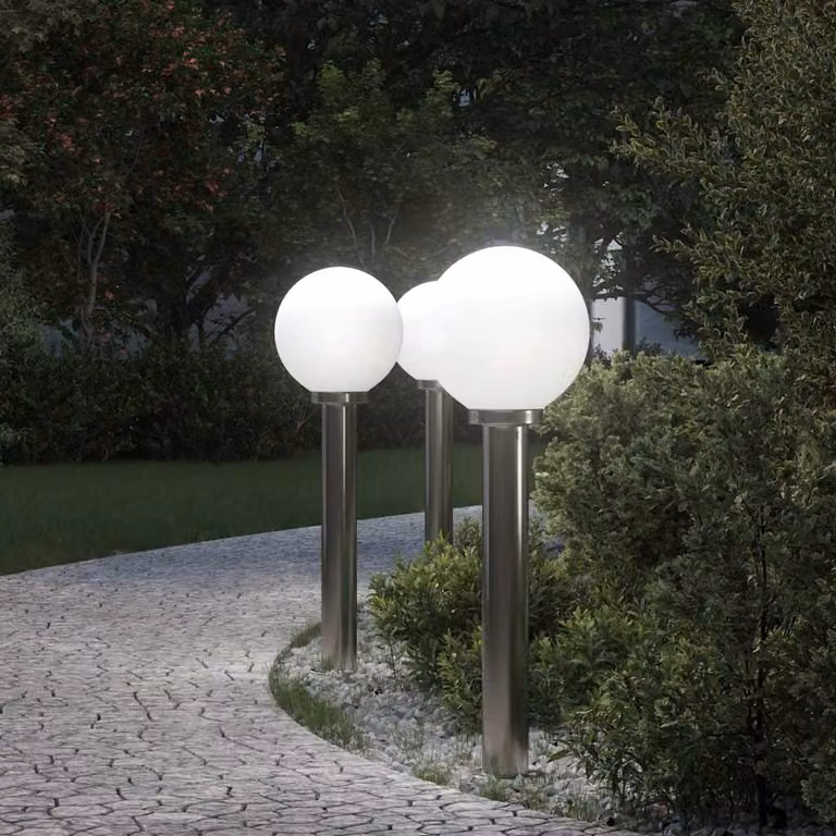 Set di 3 lampioni a palo vidaXL in acciaio inox color argento, altezza: 80 cm, protezione IP44 per giardino e terrazza
