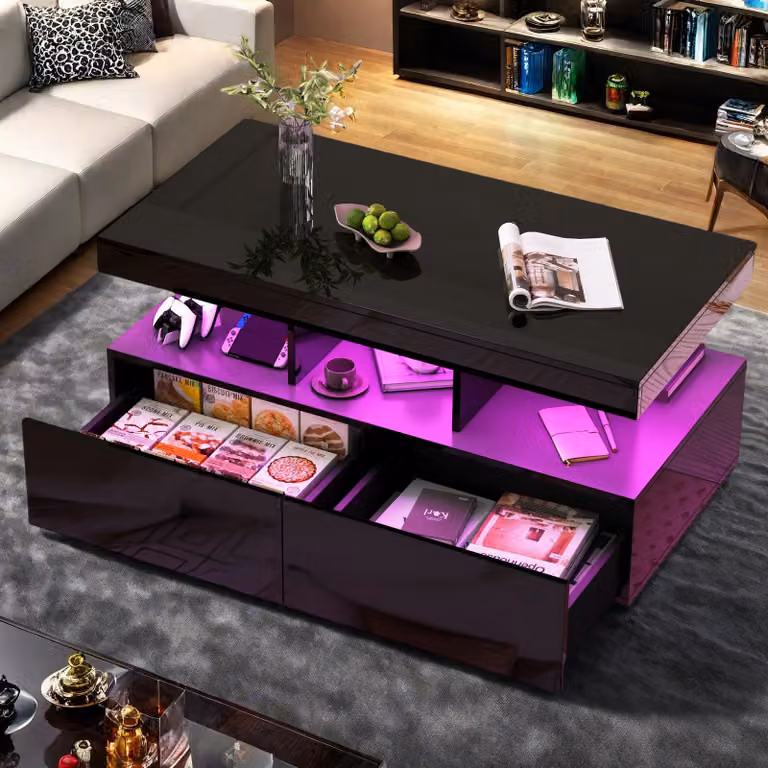 Tavolino ProximaX, tavolino da salotto con vano portaoggetti nascosto per soggiorno, ufficio, tavolino con vano portaoggetti e cassetto e striscia luminosa a LED 104 x53x46cm