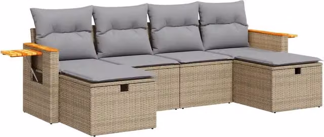 Set Divano da Giardino a L vidaXL in Polyrattan con Cuscini Beige e Grigio per 6 Persone
