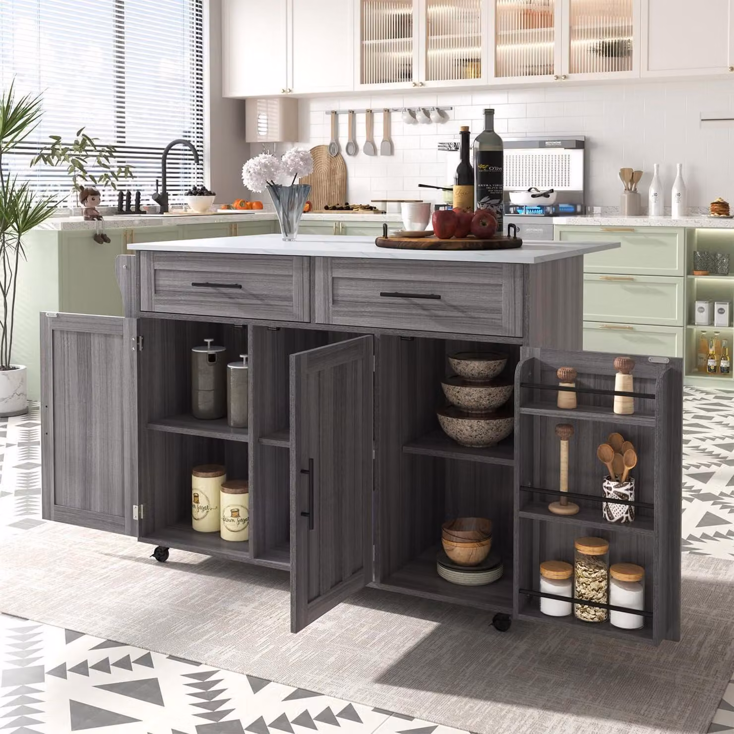 Isola da cucina autoportante con piano di lavoro pieghevole, 5 ruote, 3 ante, 2 cassetti, ripiano, colore grigio