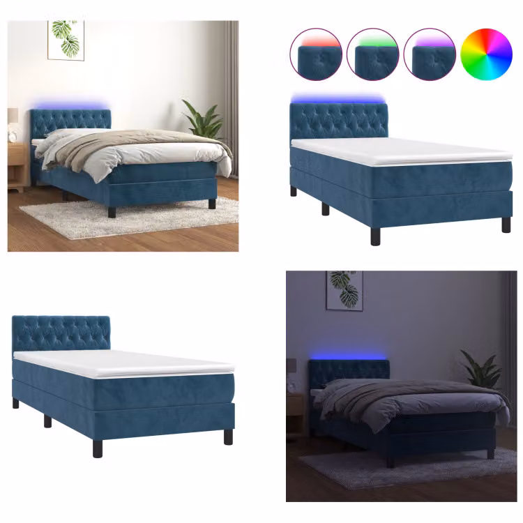 vidaXL Letto a molle con materasso e LED in velluto blu scuro 90x200 cm - Letto a molle - Boxspringbetten - Bett - Schlafzimmermöbel