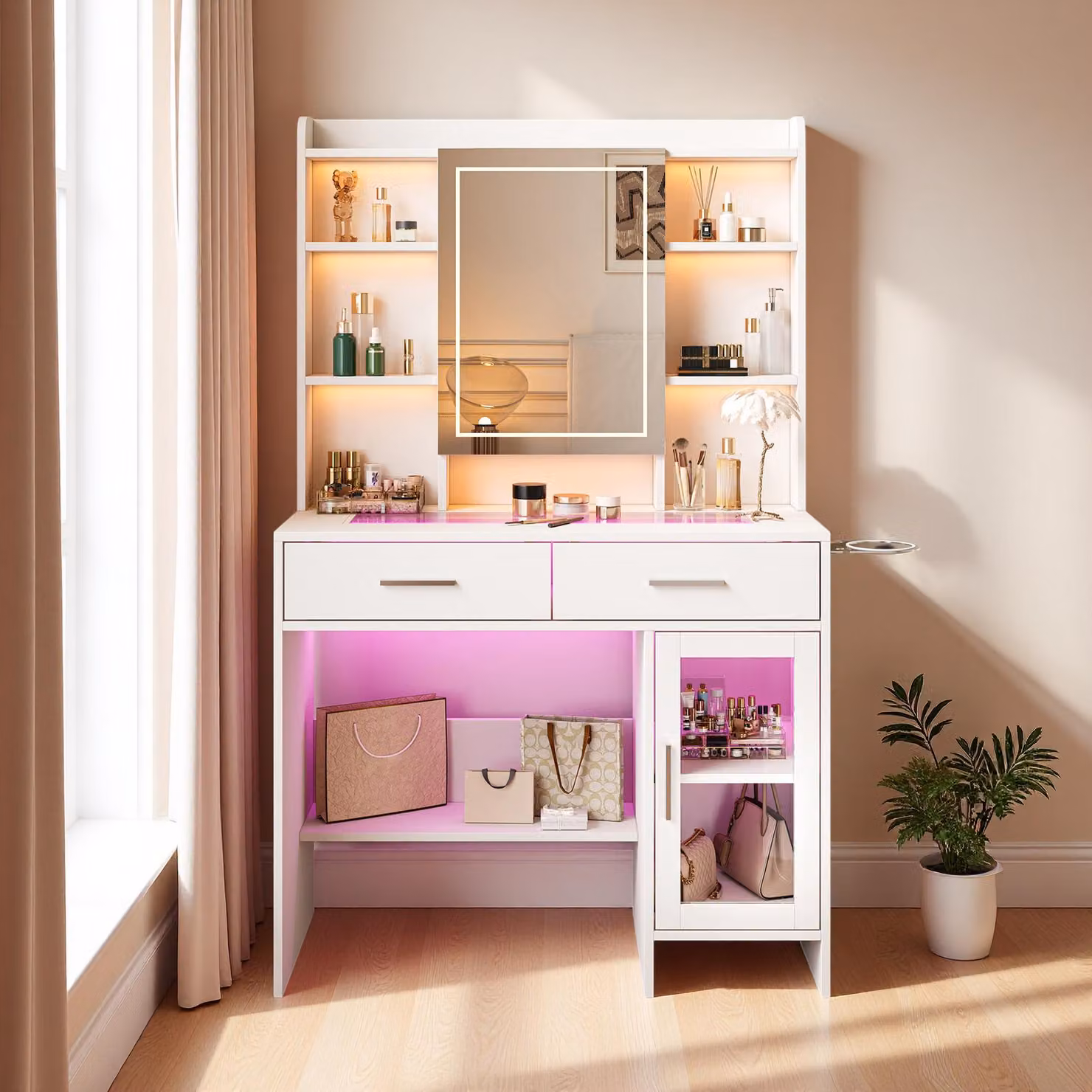 Comò da trucco INONEFT con specchio, tavolino da trucco con illuminazione a LED e porte USB, 7 ripiani aperti, 2 cassetti, area di appoggio a 2 livelli