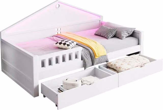 Letto singolo per bambini 90x200 bianco con LED e 2 cassetti， senza materasso