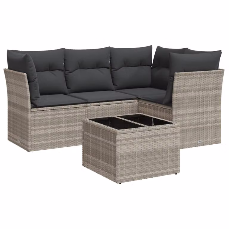 Set Divano da Giardino 5pz con Cuscini Grigio Chiaro Polyrattan