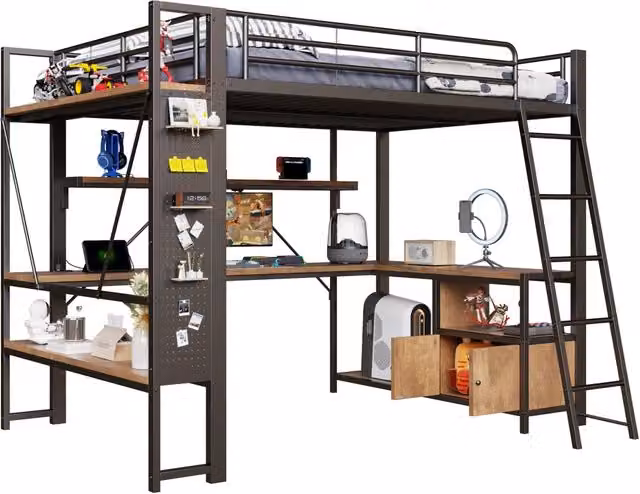 Letto a soppalco REDOM nero con scrivania, illuminazione LED e porta USB, L/P: 140 x 200 cm