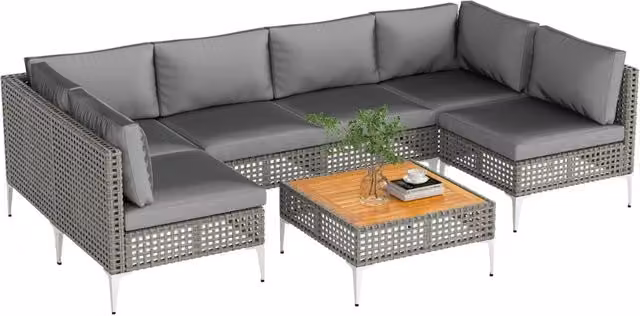 Set di mobili da giardino con divano sezionale in vimini e tavolino in legno di acacia, Set da conversazione in rattan Grigio-Set mobili da esterno