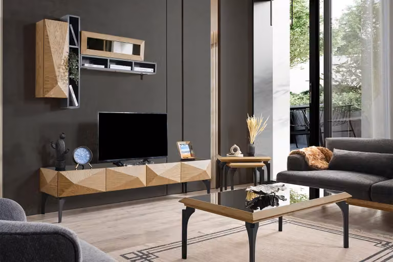 Elegantes Wohnzimmer TV-Set Beiges Lowboard Couchtische 4-tlg.