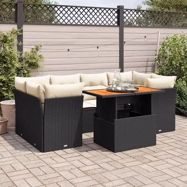 Set di divani da giardino vidaXL in rattan e legno di acacia oliato con 7 cuscini, nero e bianco