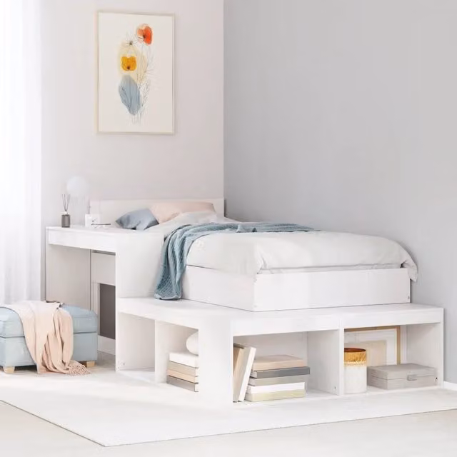 Comodino con Scrivania-Tavolino da notte Bianco 232x122x75 cm Legno Massello di Pino