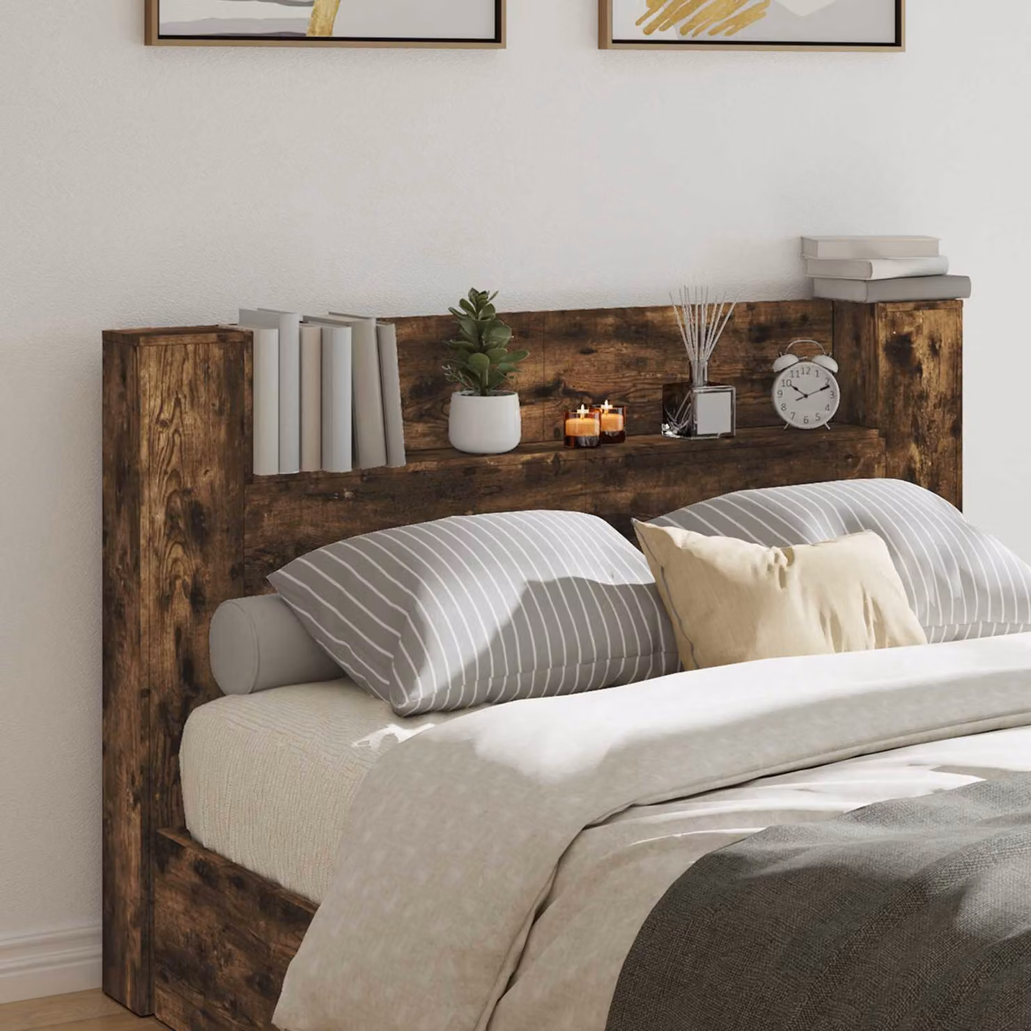 Testata del letto con mobile e illuminazione LED vidaXL in legno color quercia affumicata, L: 160 cm, P: 103,5 cm, H: 16,5 cm