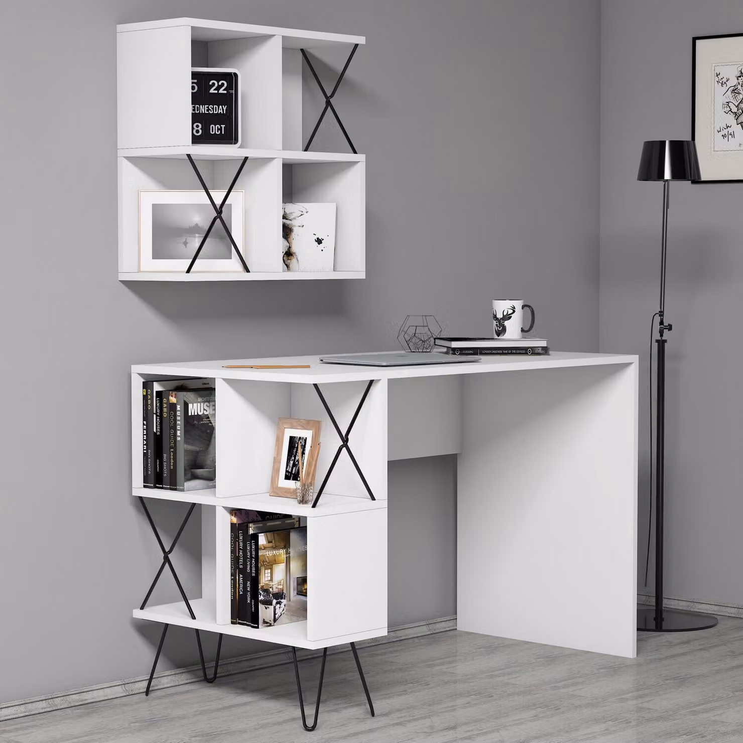 Skye Decor, scrivania di alta qualità con ripiano a parete, dimensioni 120 x 60 x 78,8 cm, realizzata in pannello di particelle rivestito in melamina al 100%, spessore 18 mm, design moderno in bianco e nero, ideale per l'ufficio domestico.