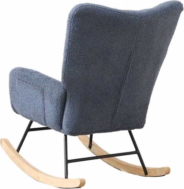 Poltrona a dondolo in tessuto teddy blu navy con tasca e base in legno massello, sedia ergonomica per soggiorno e camera