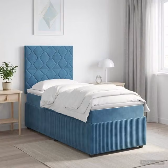 Letto Box Spring vidaXL in Velluto Blu con Materasso Ibrido e Illuminazione LED, L/P: 90 x 190 cm
