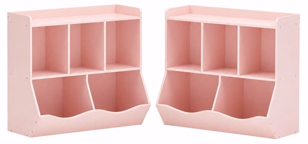 Set di 2 scaffali per bambini, organizer per giocattoli e libri con 5 scomparti in MDF, colore rosa