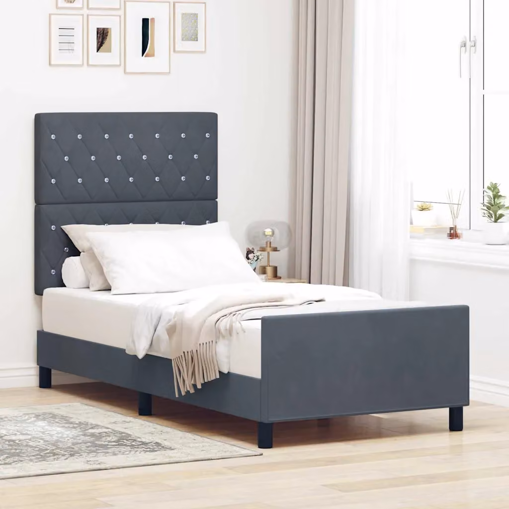 Letto a molle con testiera vidaXL in velluto grigio, L/P/H: 90 x 200 x 128 cm