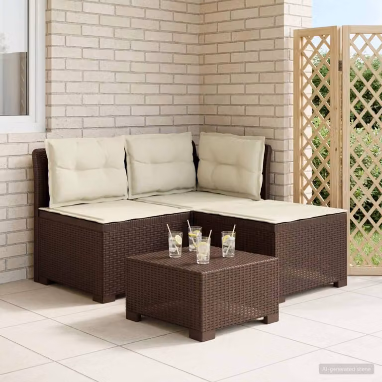 Divano da giardino a L con 3 posti vidaXL in look rattan marrone e beige con cuscini inclusi