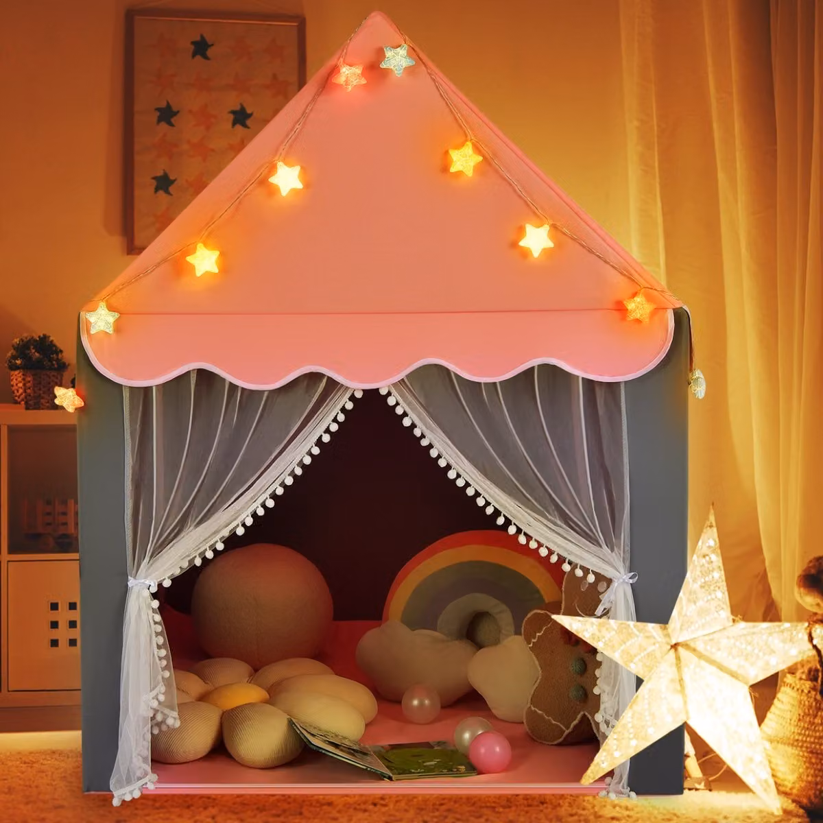Tenda da gioco per bambini Costway modello castello fatato con luci a forma di stella e tappetino lavabile, Rosa