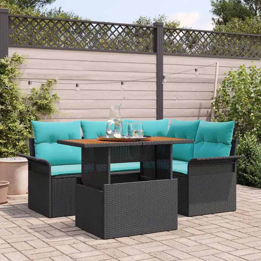 Set Divano da Giardino L-Shape vidaXL in Rattan Nero con Cuscini Turchesi e Tavolino da Caffè