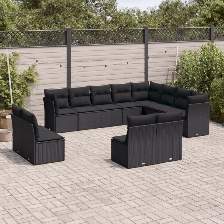 vidaXL Set Divani da Giardino 12 pz in Polyrattan Nero con Cuscini e Struttura in Metallo