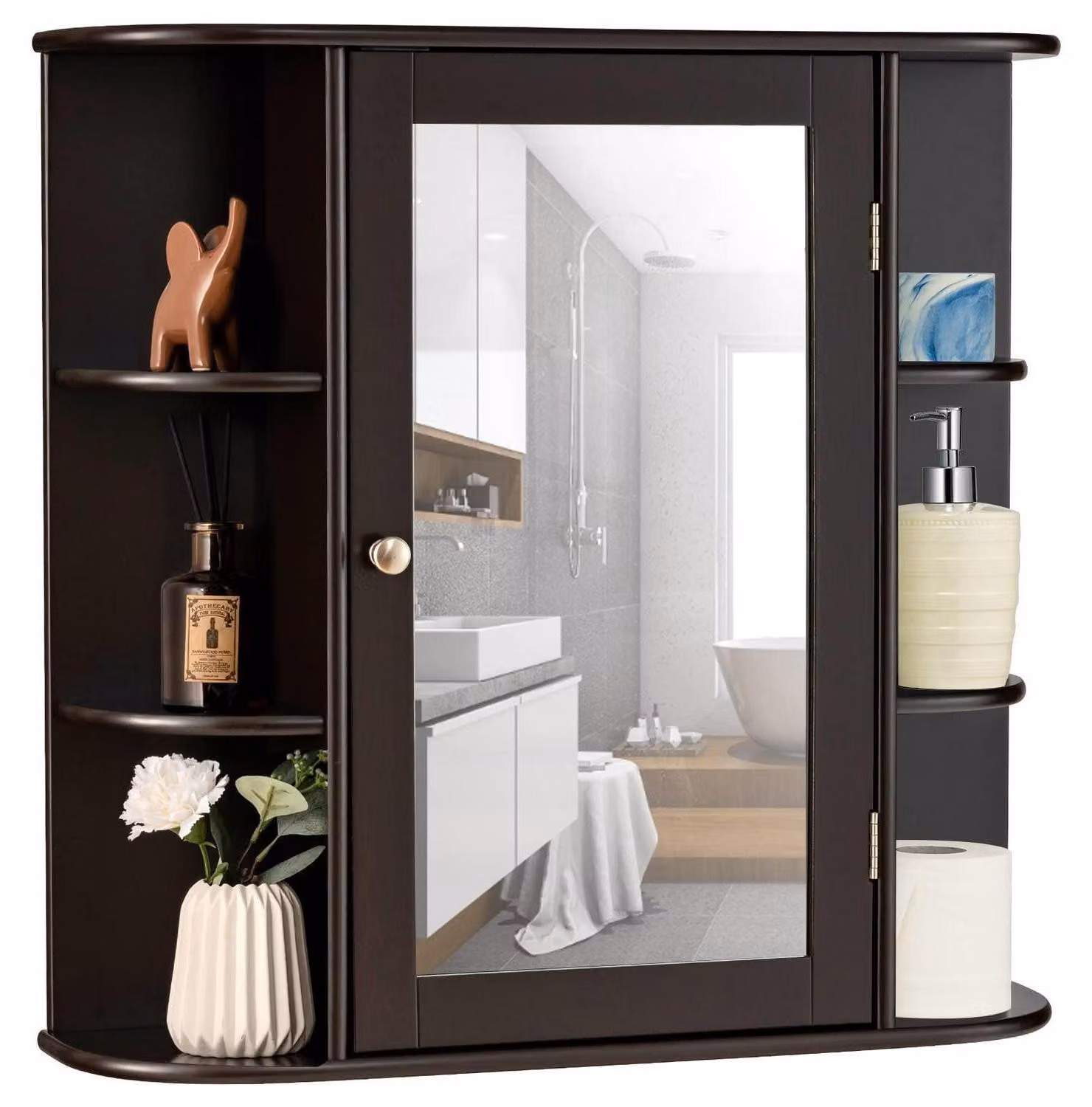 Mobiletto a specchio da appendere, con specchio e ripiani, colore marrone, dimensioni 65 x 17 x 63 cm