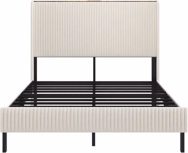 Struttura letto 140x200 cm con testiera imbottita in tessuto a coste, design a ali, supporto metallico con doghe antiscivolo e silenziose