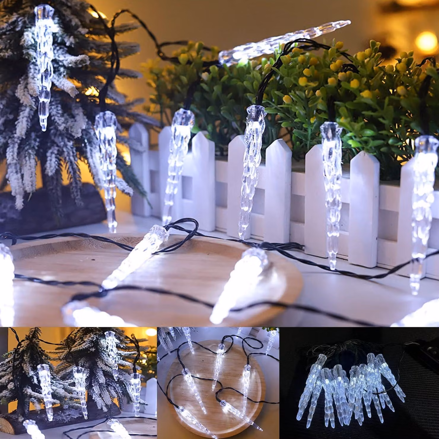 Catena luminosa solare, 20 LED a forma di stalattiti, 4,8 metri, 8 modalità, grado di protezione IP65, colore bianco