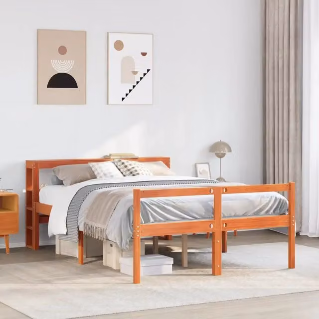 Giroletto con Testiera-Letto con Testiera Marrone Cera 120x200 cm Massello Pino