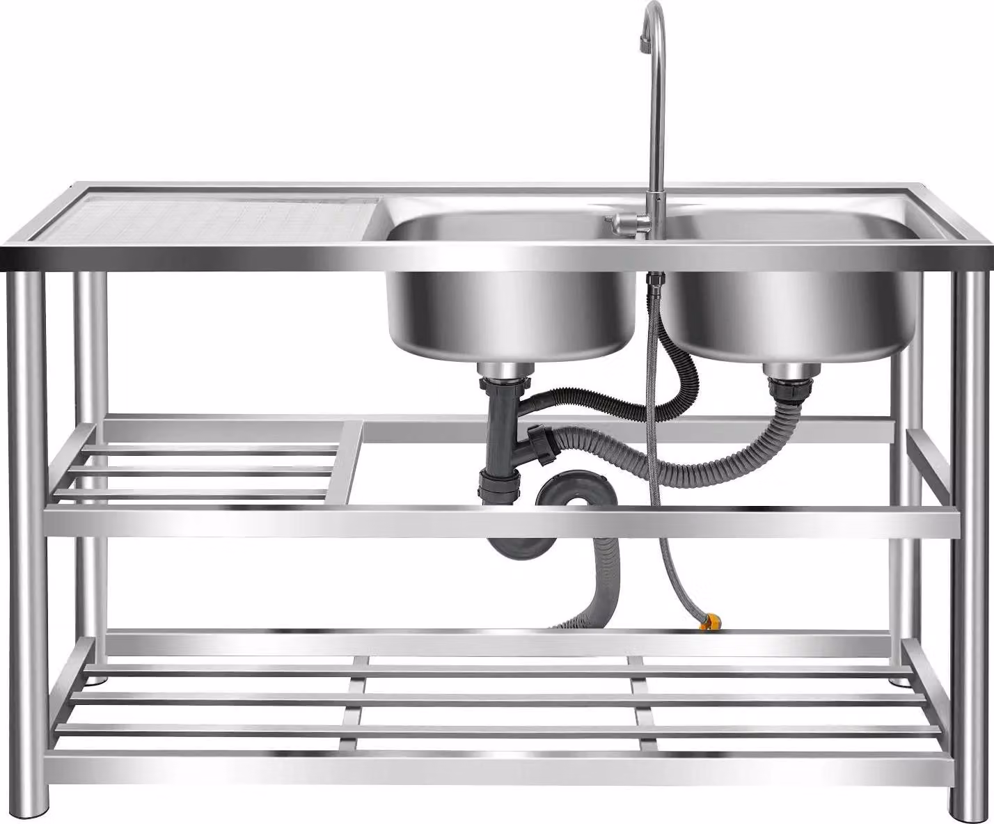 Lavello professionale - Doppia vasca indipendente - Acciaio inox 201 - 3 ripiani - Rubinetto 360° - 120×45×80 cm - Portata 100 kg - Argento