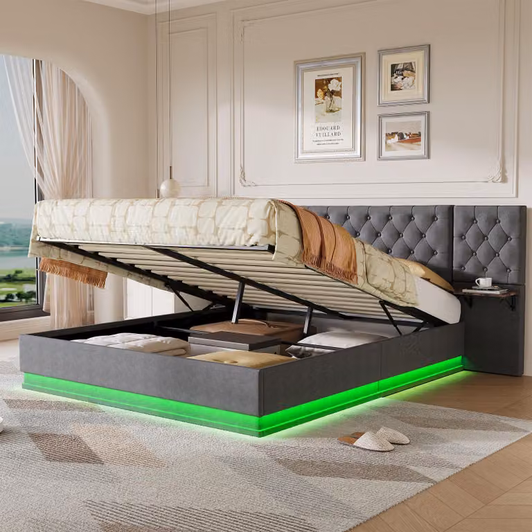 Letto imbottito REMZETTA, 160 x 200 cm, per adulti, con contenitore, rete a molle idraulica, luci LED RGB, porta USB-C, ricarica wireless e ripiani, colore grigio