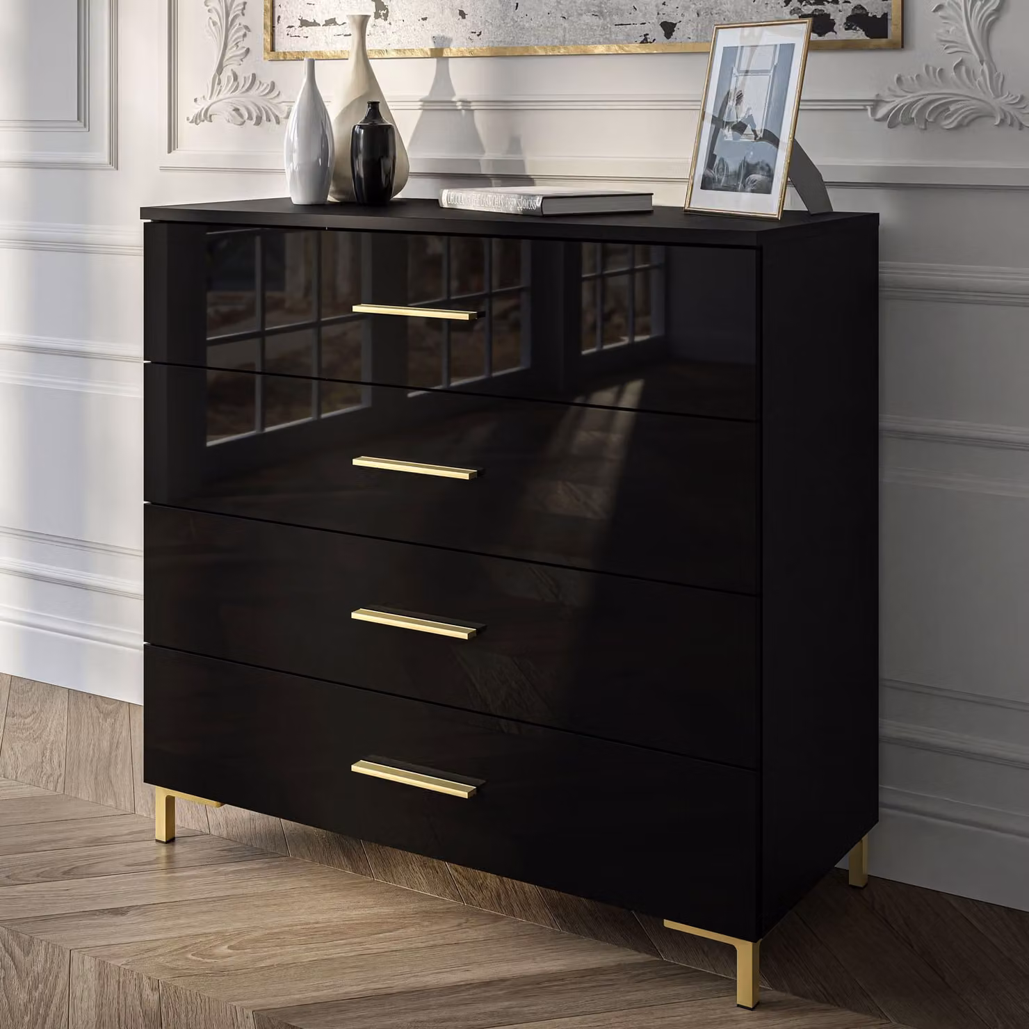 Comodà LINA GOLD 95 nero lucido con maniglie e gambe dorate e illuminazione a LED
