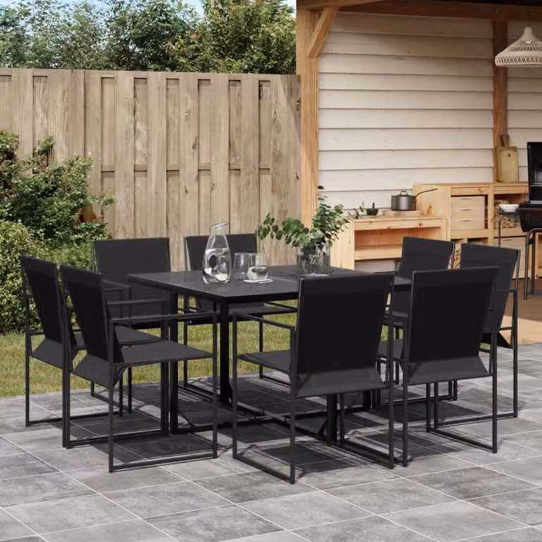 Set da pranzo da giardino vidaXL in metallo e vetro nero con 9 pezzi