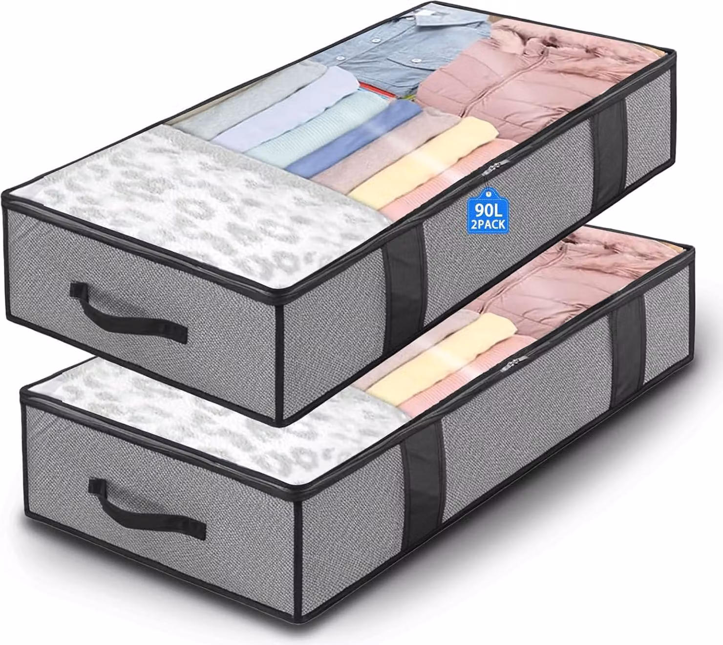 Contenitori sotto il letto - Set di 2 - 90 L - Contenitori per il letto - Ripiegabili con cerniera e maniglie per abiti - coperte - piumoni