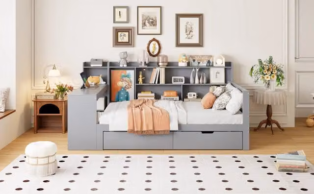 Letto a Divanetto Moderno in Legno Grigio con Scrivania, Libreria, Cassetti e Porte USB L/P: 90 x 200 cm