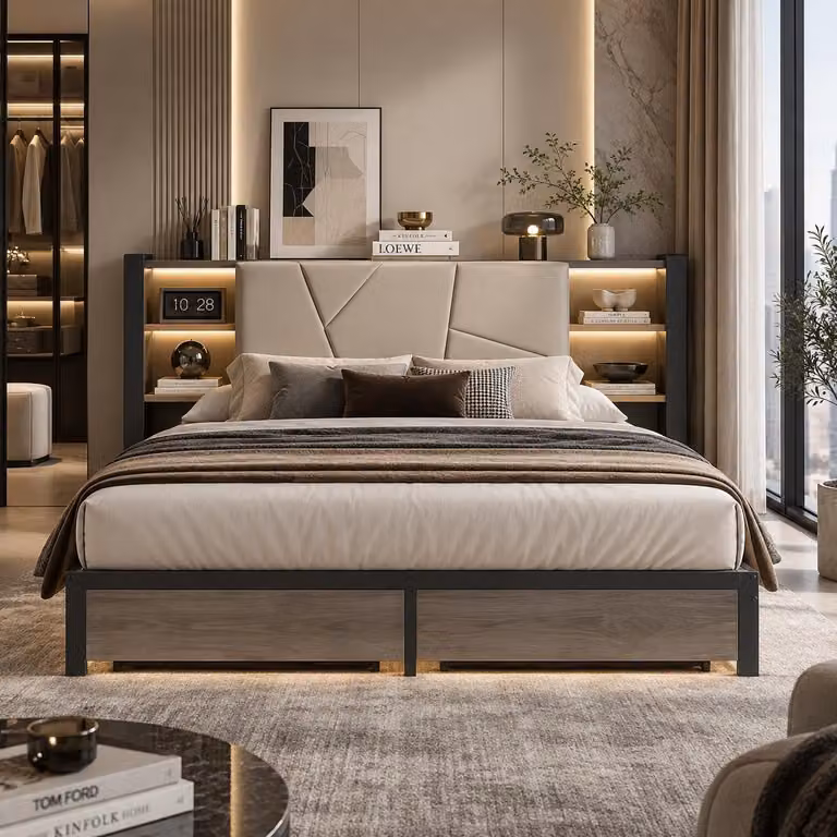 Letto matrimoniale in metallo imbottito, dimensioni 160x200, con illuminazione a LED e funzione di ricarica USB, dotato di testiera, spazio contenitivo e 2 cassetti, rivestito in PU, colore nero