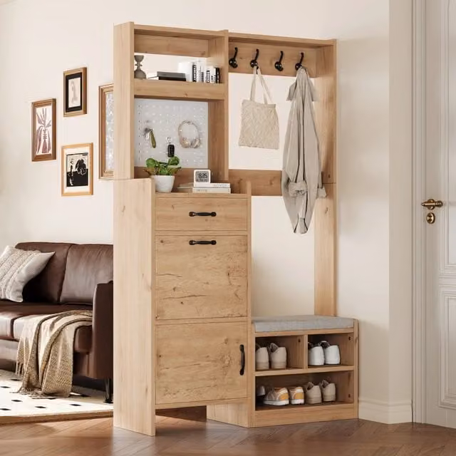 Set di mobili da ingresso MIVRAY moderno con panca imbottita, 2 ante, cassetto e 4 ganci, truciolare naturale e bianco, L: 108.5 cm, P: 35 cm, H: 180 cm