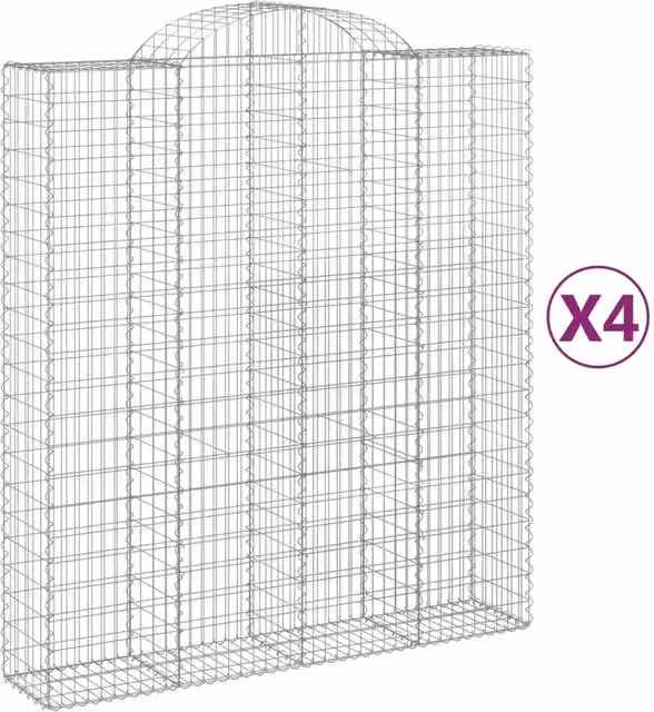 Set di 4 gabbioni ad arco in ferro zincato argento per recinzione o muro di contenimento L: 200 cm, P: 50 cm, H: 220/240 cm