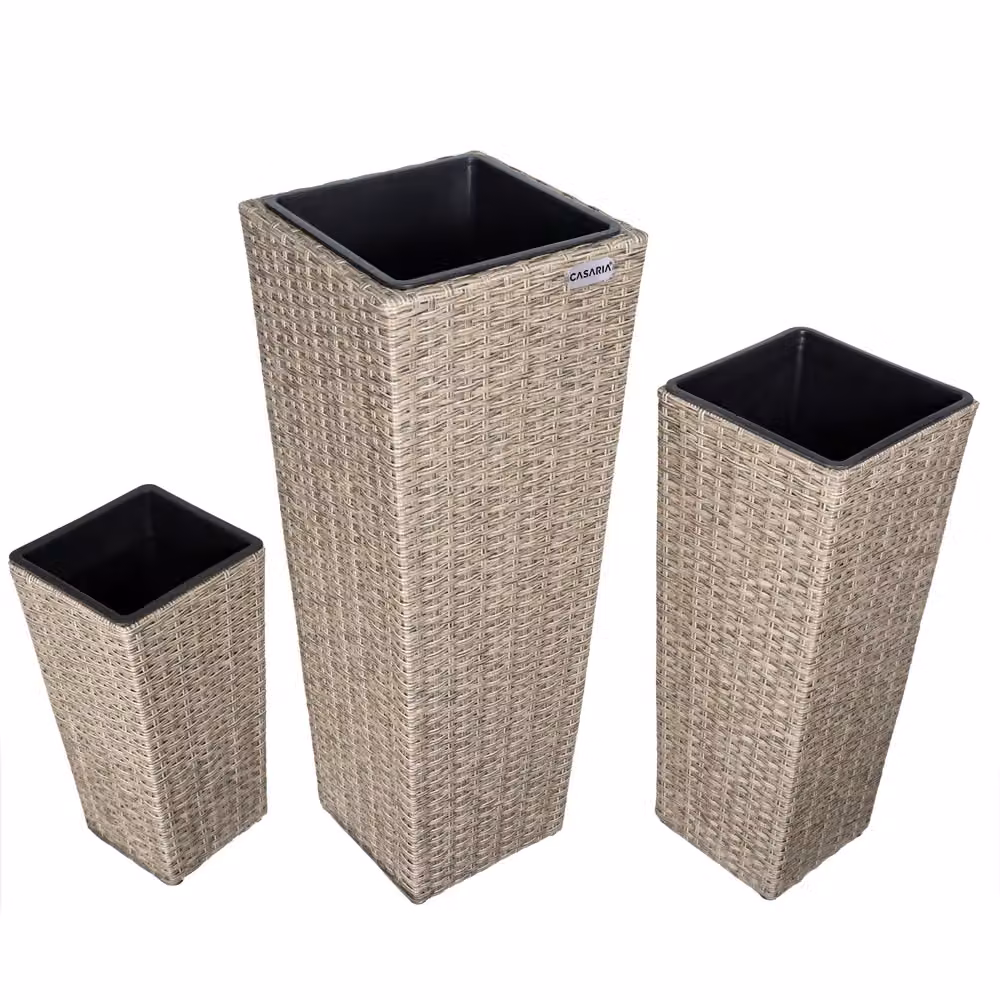 Set di 3 fioriere DEUBA in polyrattan color beige con struttura in acciaio e plastica – 3