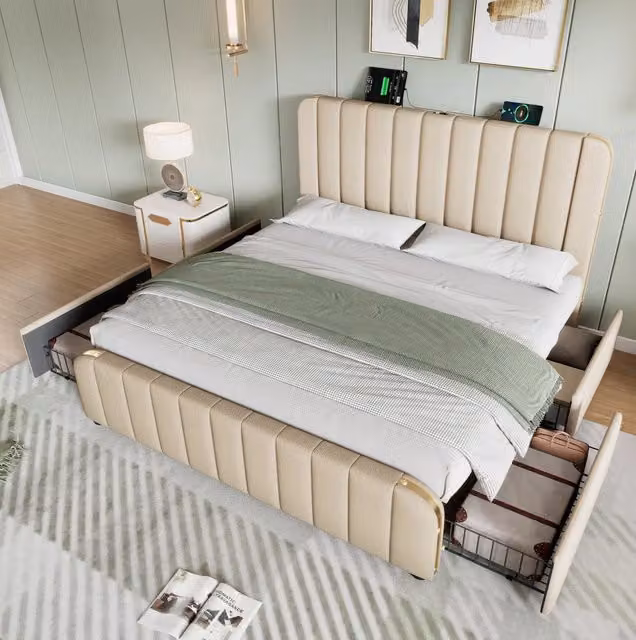 Letto matrimoniale 140x200 beige con 4 cassetti, testiera USB/Type-C e rete a doghe
