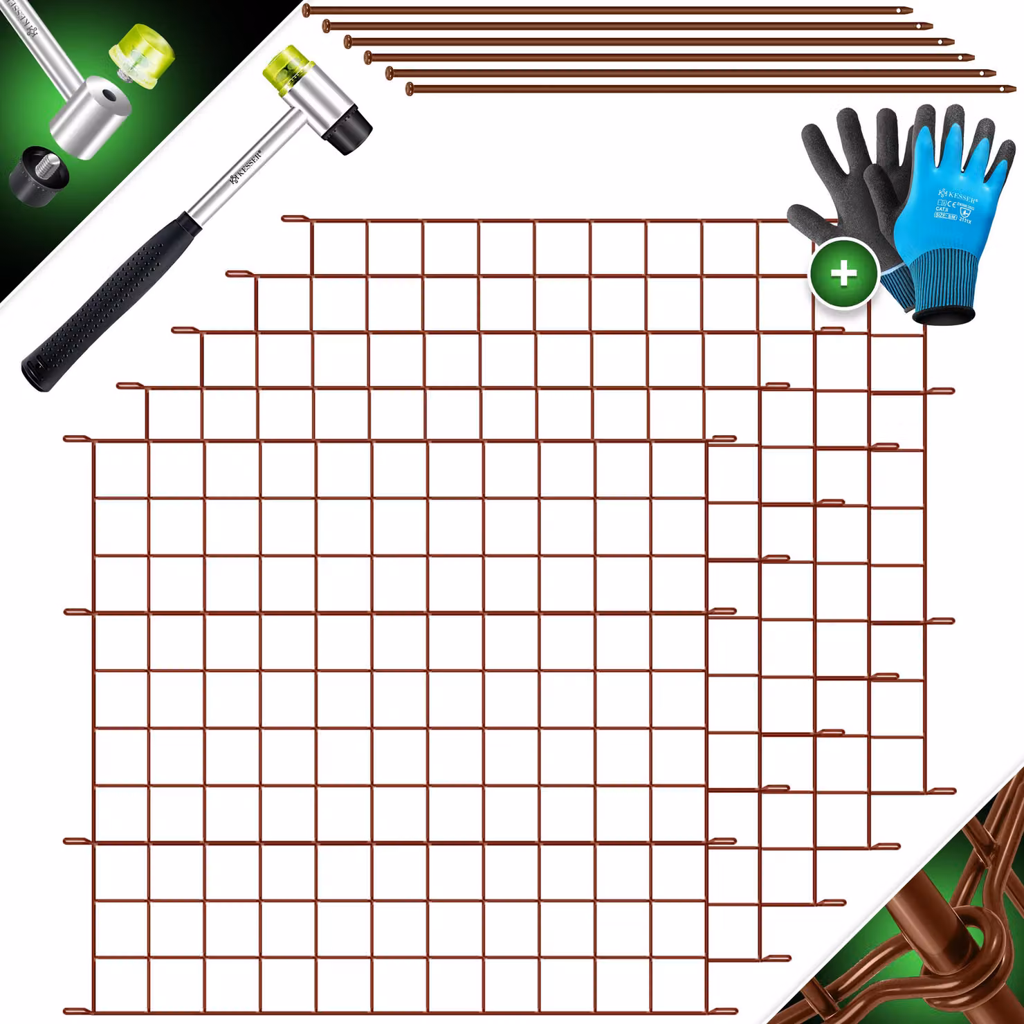 KESSER® Recinzione per stagni, recinzione da giardino, sistema a pannelli, set completo in metallo, parte superiore arrotondata, inclusi martello e pali