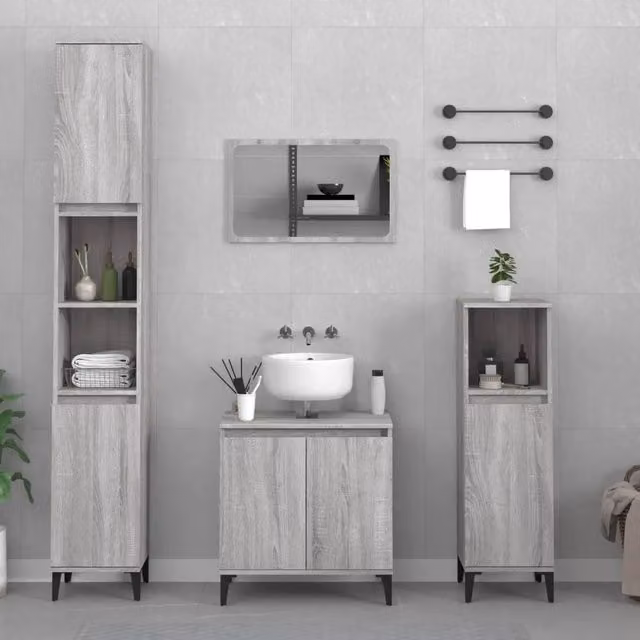 Set di mobili da bagno moderno vidaXL in legno e metallo grigio opaco composto da 3 pezzi