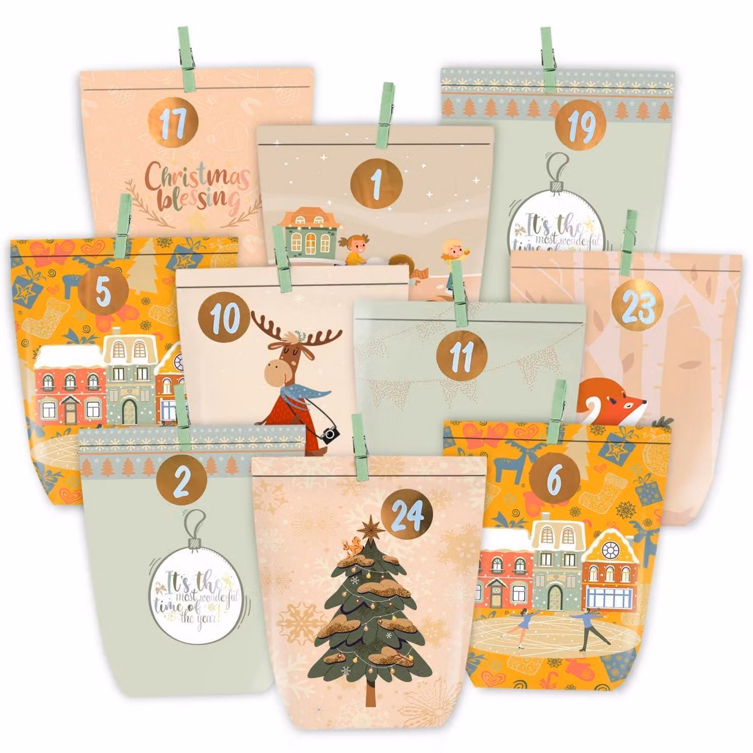 Calendario dell'Avvento da riempire, 24 sacchetti di carta con adesivi numerati, arancione, kit creativo fai-da-te