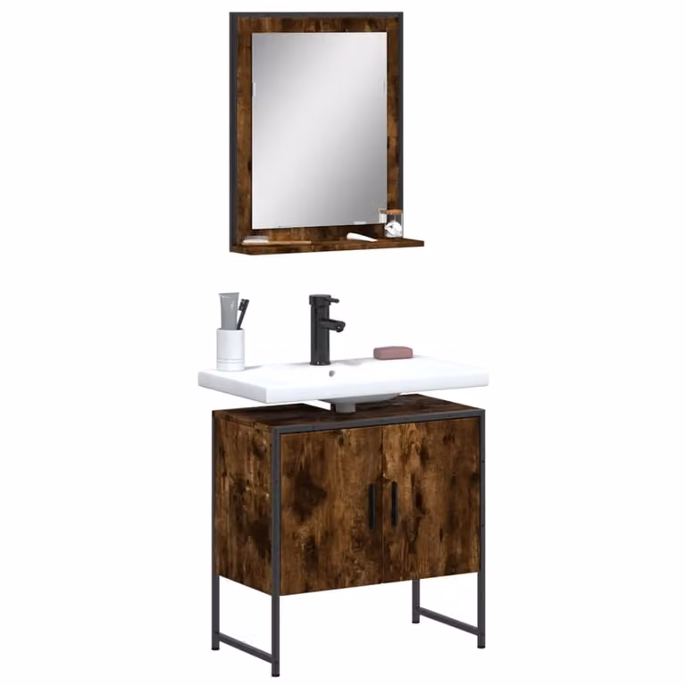 Set di mobili da bagno moderno vidaXL composto da mobile lavabo e armadietto con specchio in legno e metallo, colore marrone, L: 60 cm, P: 33 cm, H: 60 cm