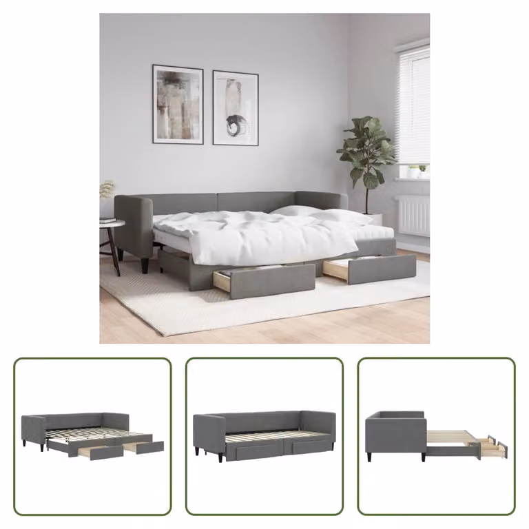 The Living Store Letto da giorno allungabile con cassetti grigio scuro 80x200 cm tessuto