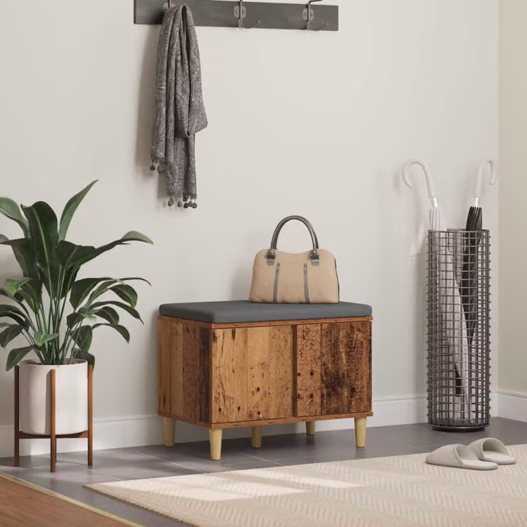 vidaXL Panca per ingresso con scarpiera e cuscino in tessuto, Legno vecchio, Marrone, L: 60 cm, P: 38 cm, H: 46 cm