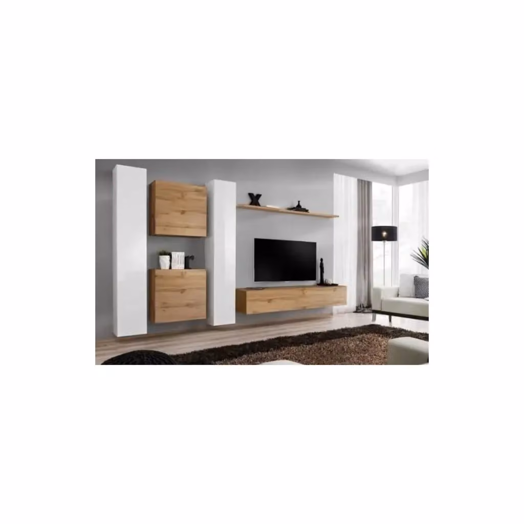 Composizione murale SWITCH VI Meublorama mobile TV sospeso in rovere Wotan e bianco lucido L: 330 cm, H: 180 cm, P: 40 cm – 2