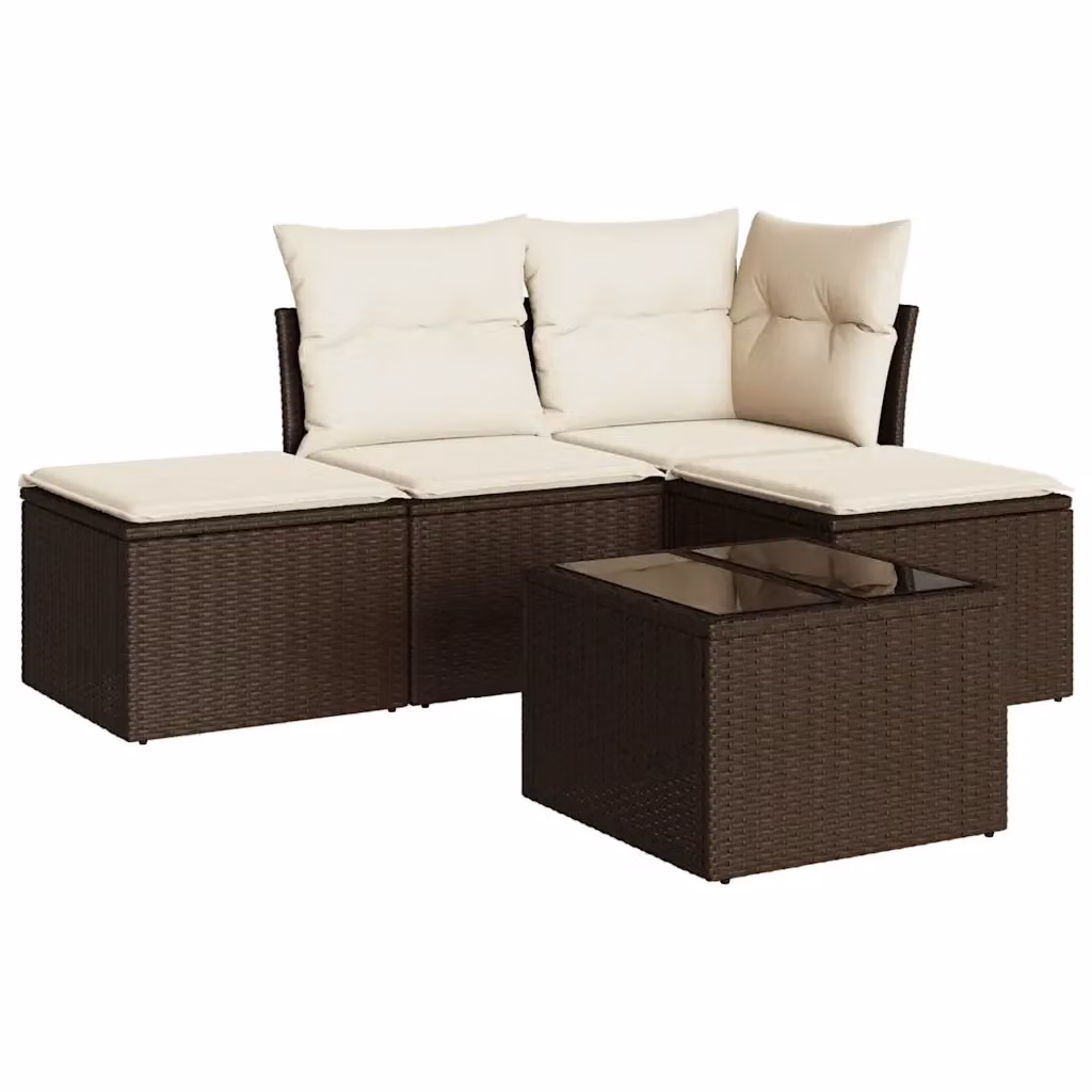 vidaXL Set Divano da Giardino 5 pz a L con Cuscini Marrone e Bianco in Polyrattan e Struttura in Metallo – 2
