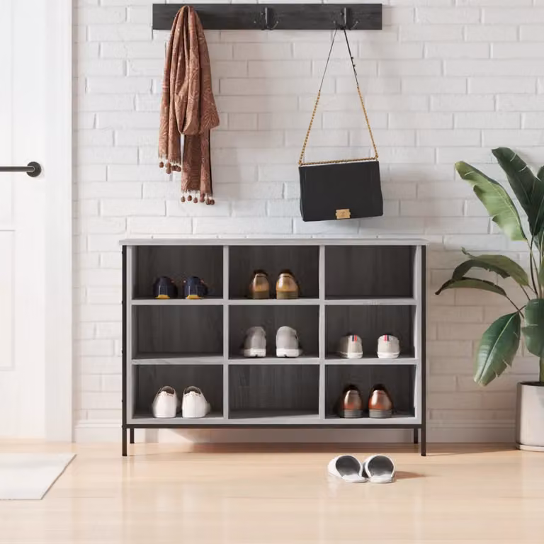 Mobile porta scarpe vidaXL in stile industriale, colore grigio Sonoma, con ripiani interni e ante aperte, L/P/H: 70 x 35 x 100 cm